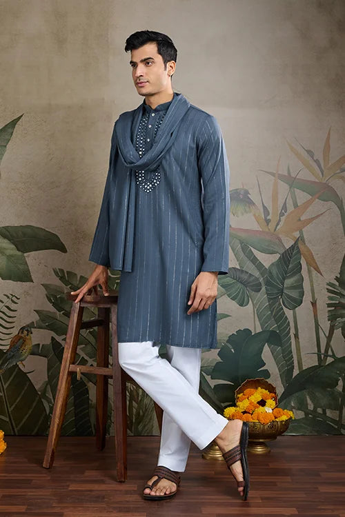 Diwali Special Blue Grey Viscose Silk Kurta with Mirror Work