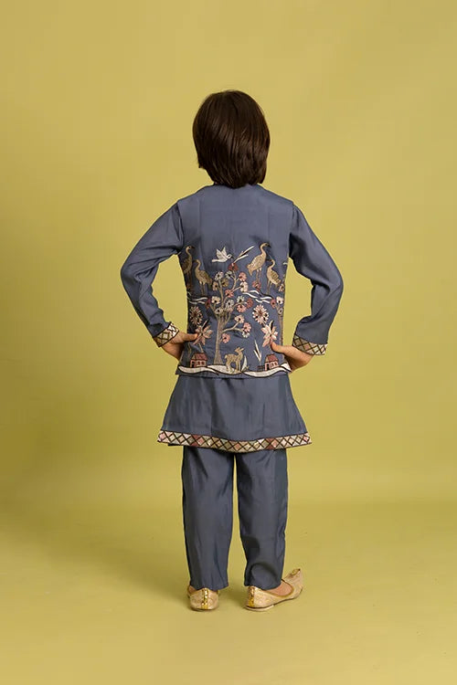 Wedding Special Kids Blue Grey Koti Kurta Outfit