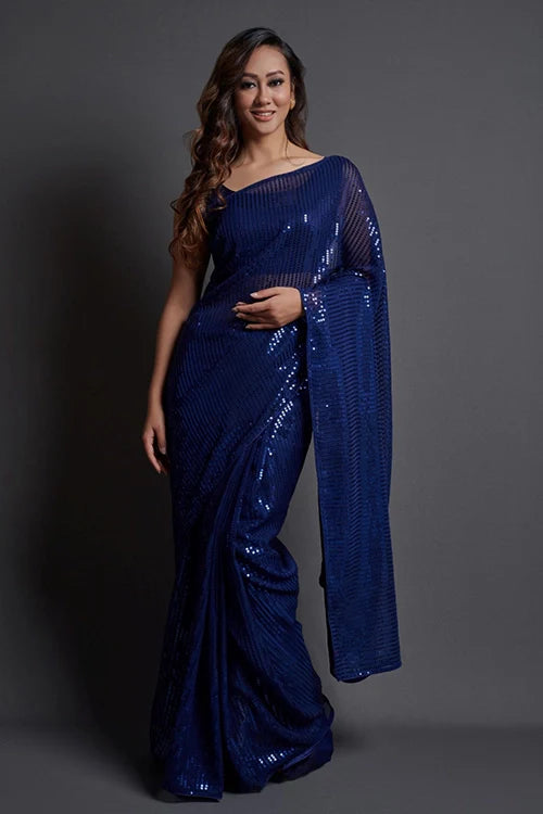 Blue Georgette Silk Saree with Embroidery Work