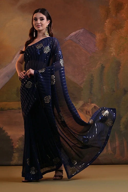 Blue Bollywood Soft Georgette Saree with Sequins Work