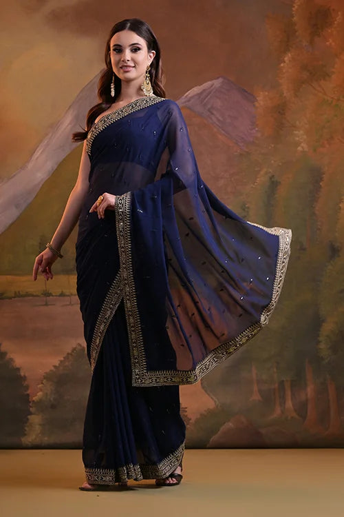 Designer Blue Georgette Saree with Butti Embroidery