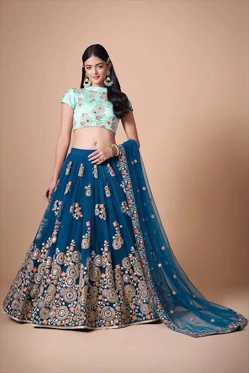 Blue Soft Net Sequins Embroidered With Mirror Work Lehenga Choli