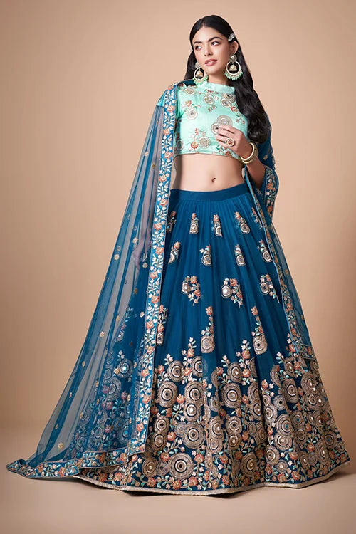 Blue Soft Net Sequins Embroidered With Mirror Work Lehenga Choli