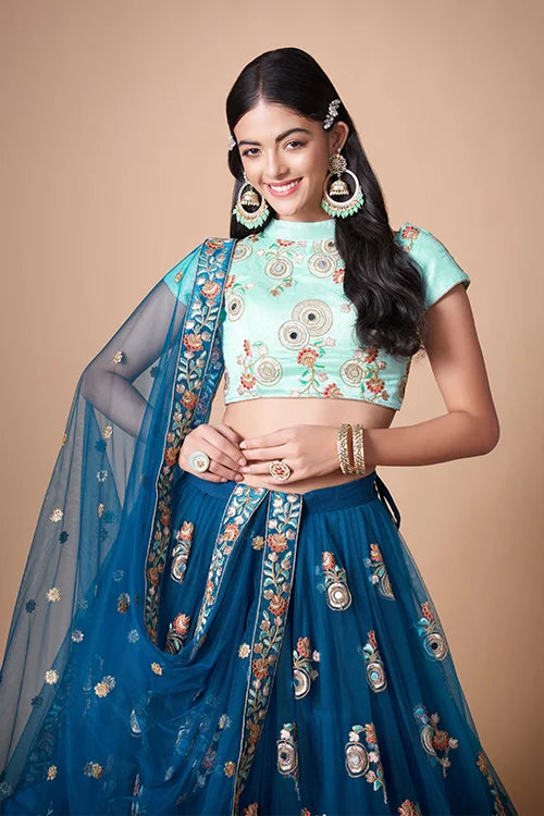 Blue Soft Net Sequins Embroidered With Mirror Work Lehenga Choli