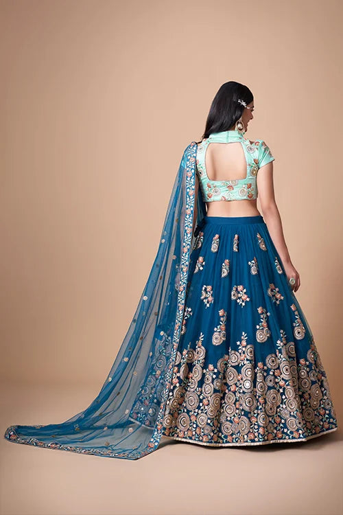 Blue Soft Net Sequins Embroidered With Mirror Work Lehenga Choli