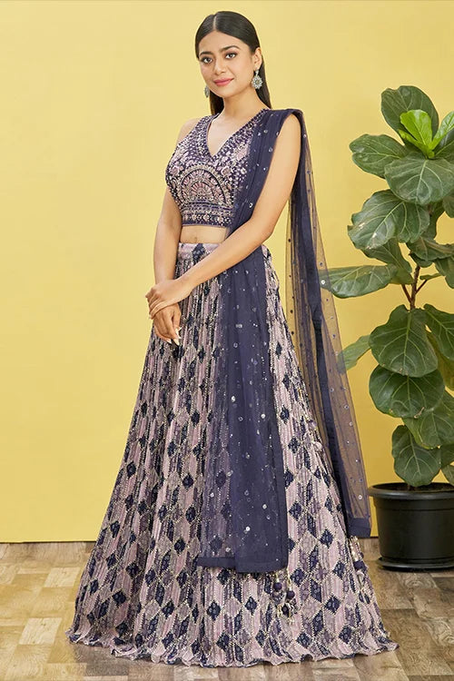 Blue Zari Sequins Embroidered With Digital Printed Lehenga Choli