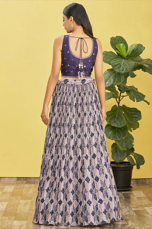 Blue Zari Sequins Embroidered With Digital Printed Lehenga Choli