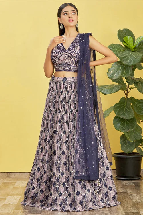 Blue Zari Sequins Embroidered With Digital Printed Lehenga Choli