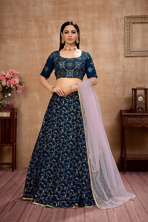 Blue Metallic Foil Work Lehenga Choli with Dupatta