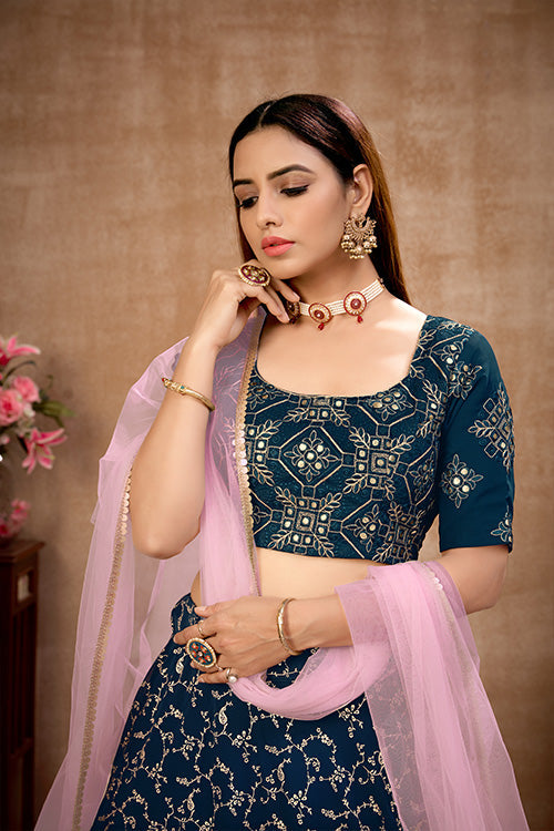 Blue Metallic Foil Work Lehenga Choli with Dupatta