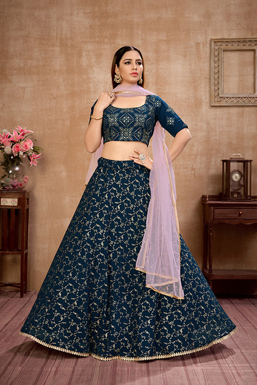 Blue Metallic Foil Work Lehenga Choli with Dupatta