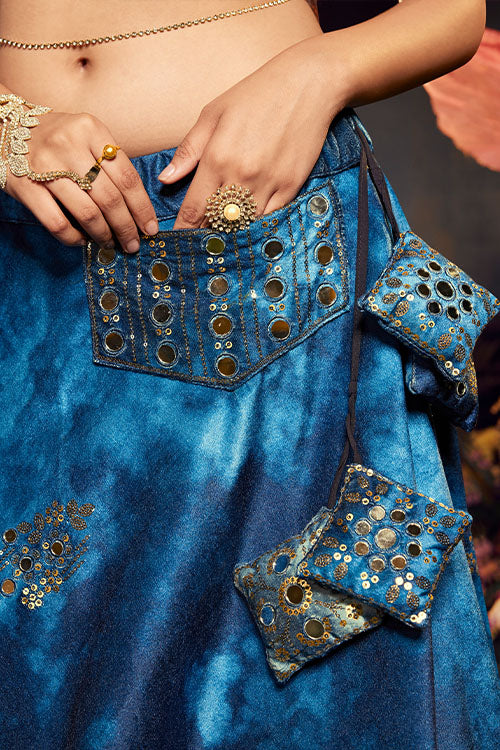 Blue Velvet Sequins Embroidery Work Lehenga Choli