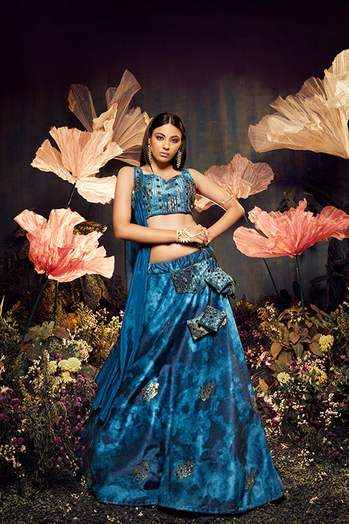 Blue Velvet Sequins Embroidery Work Lehenga Choli