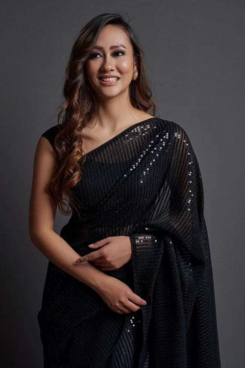 Bollywood Designer Black Georgette Silk Saree Online