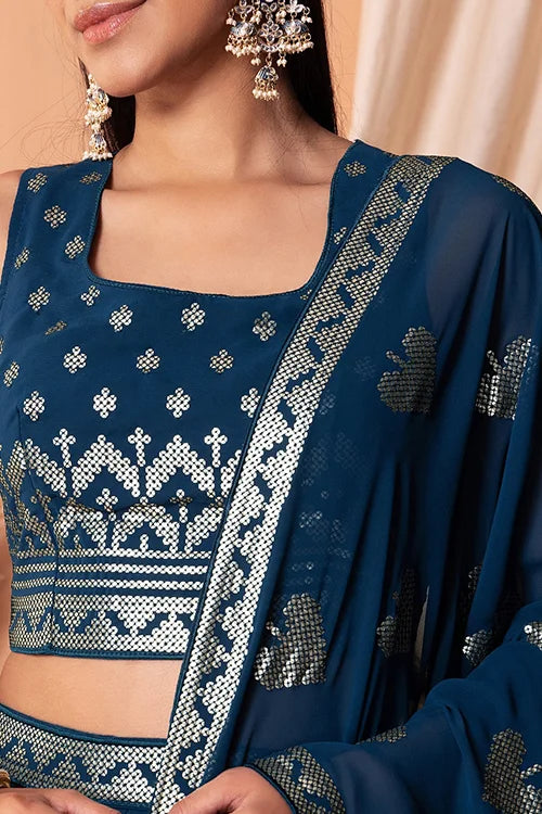 Blue Bollywood Lehenga Choli with Sequins & Embroidery