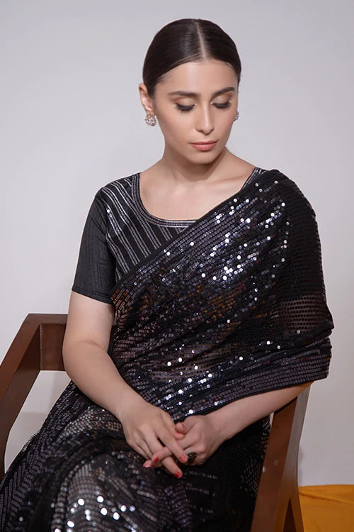 Black Georgette Saree with Embroidered Blouse Online