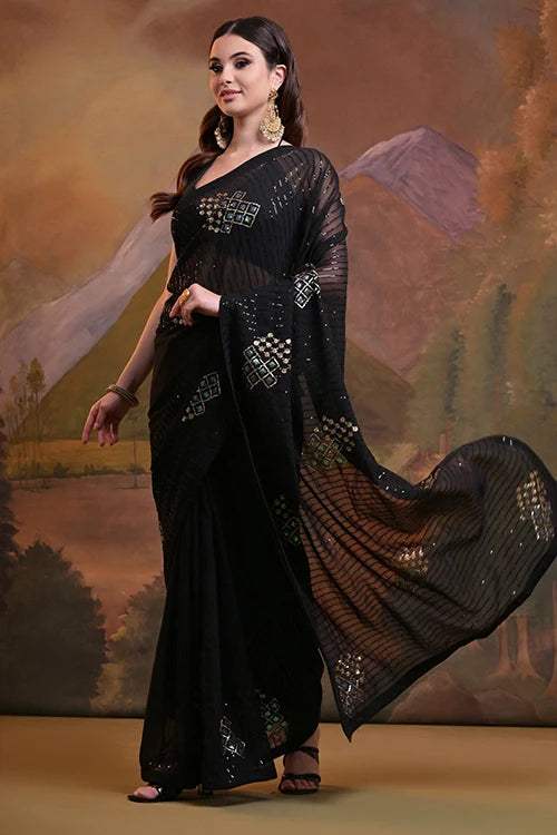 Beautiful Black Georgette Saree with Lace Border