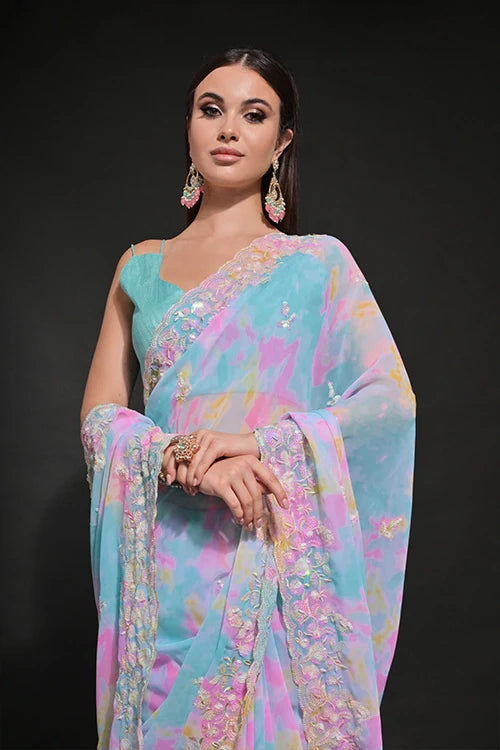 Blue Georgette Saree with Sequins Embroidery Work