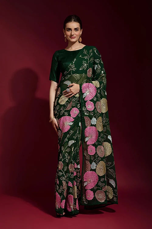 Stylish Green Georgette Saree with Thread Work