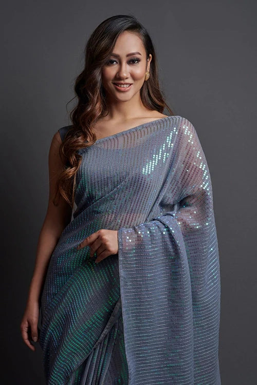 Bollywood Designer Grey Georgette Silk Saree Online