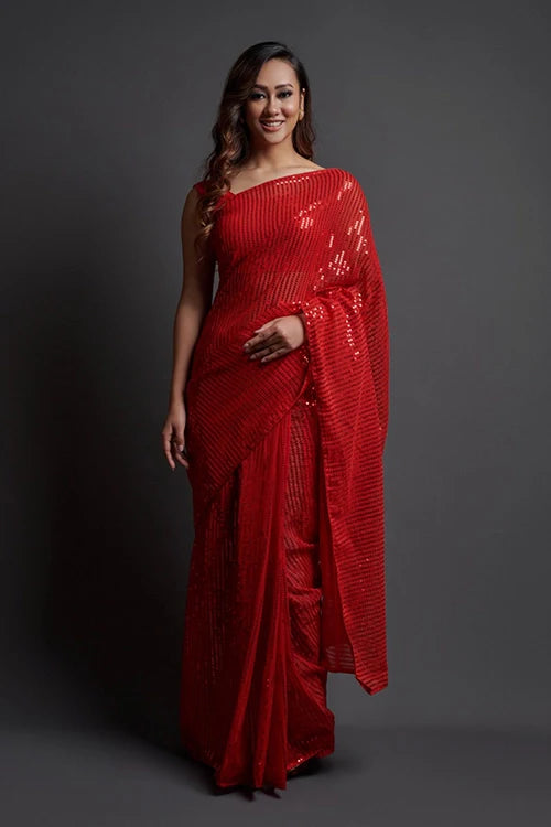 Bollywood Style Red Georgette Silk Saree with Blouse