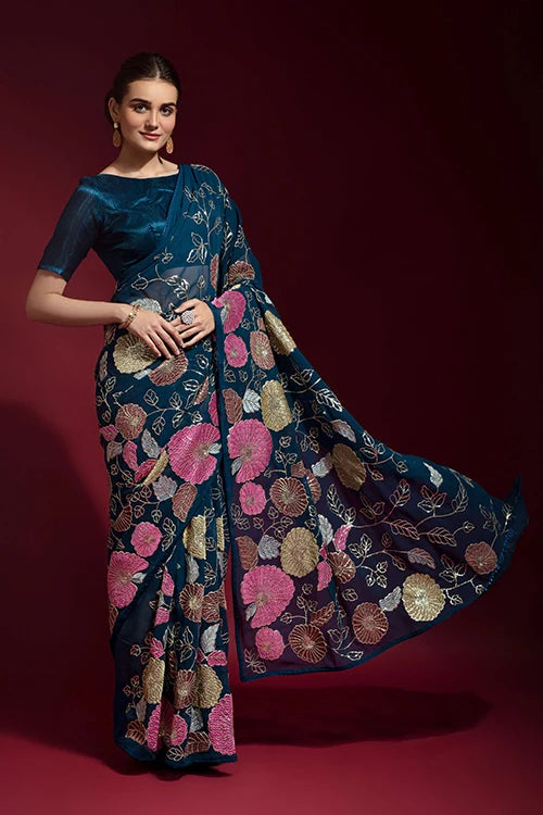 Bollywood Designer Petrol Saree with Embroidery Work