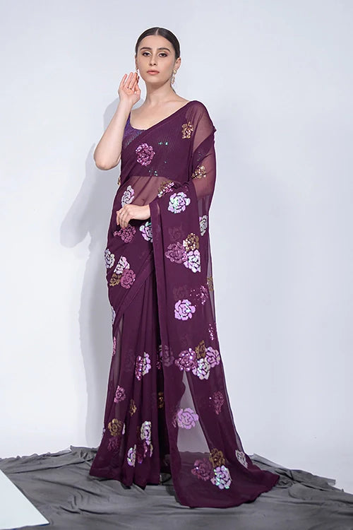 Wine Georgette Saree with Sequin Blouse | Bollywood Style