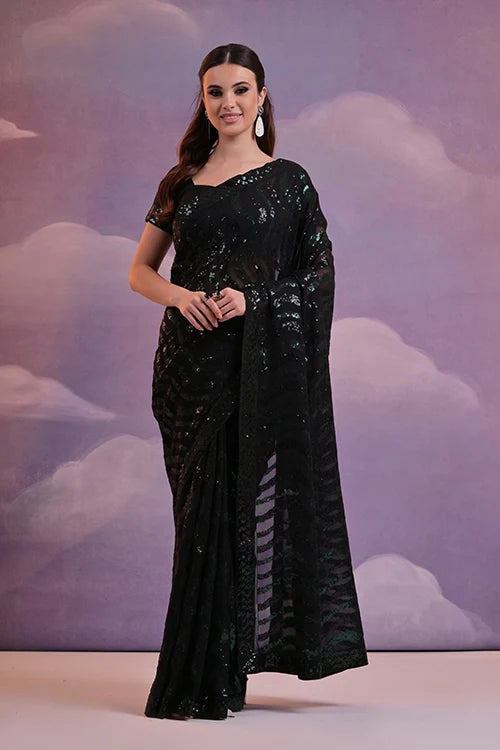 Green-Black Georgette Saree with Lace Border Online