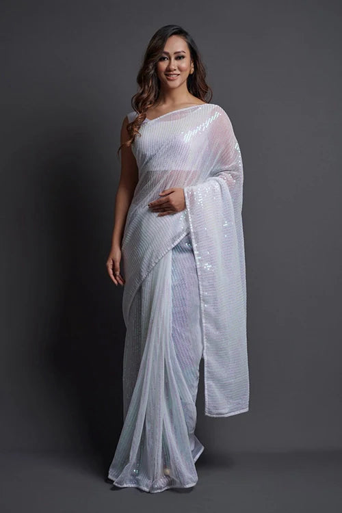 Embroidered Pure Heavy Georgette Silk Saree in White