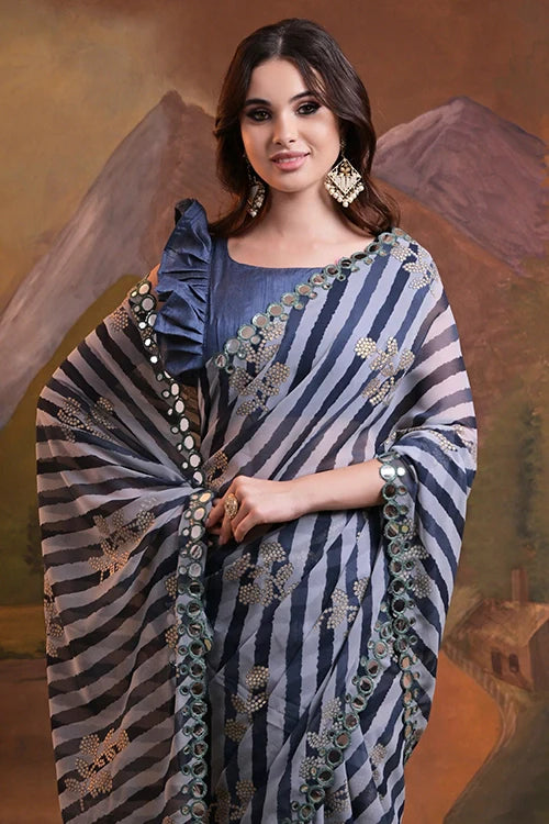 Black Georgette Saree with Leriya Print & Mirror Work