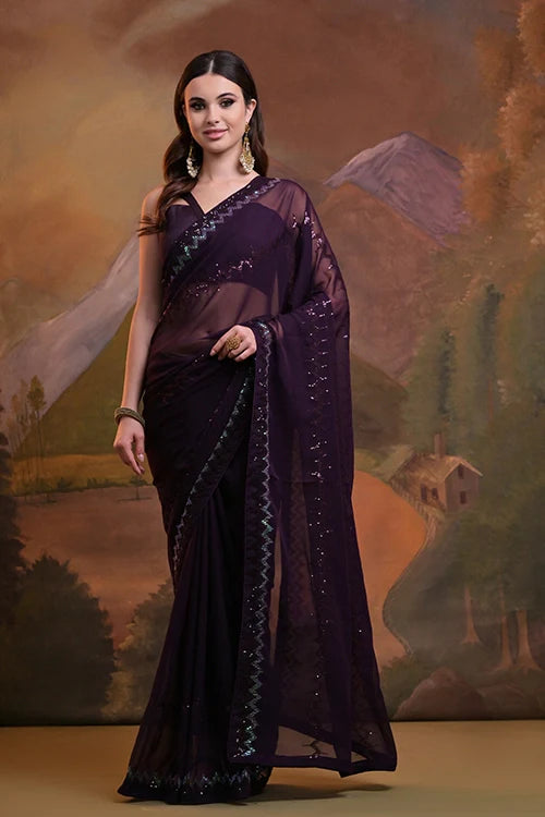 Gorgeous Purple Georgette Saree with Sequins Work