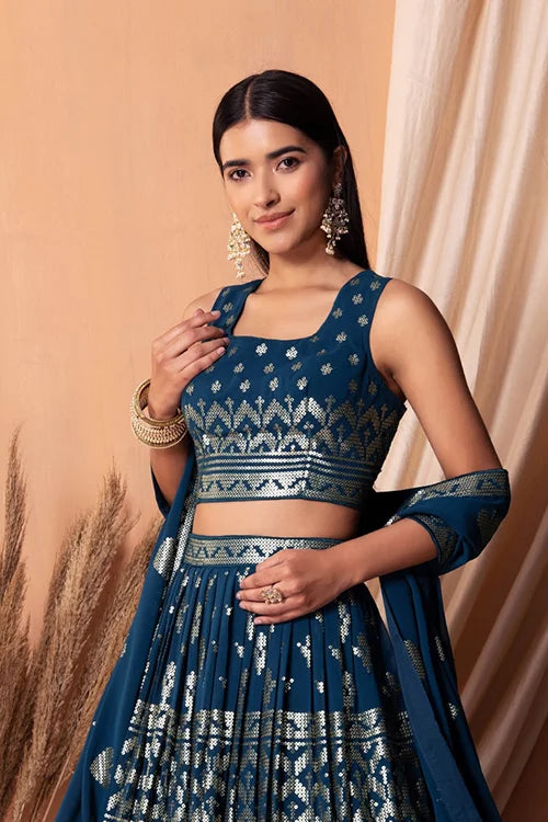 Blue Bollywood Lehenga Choli with Sequins & Embroidery