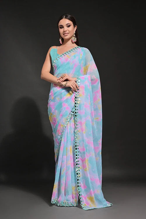 Prizam Print Heavy Georgette Saree with Mirror Work