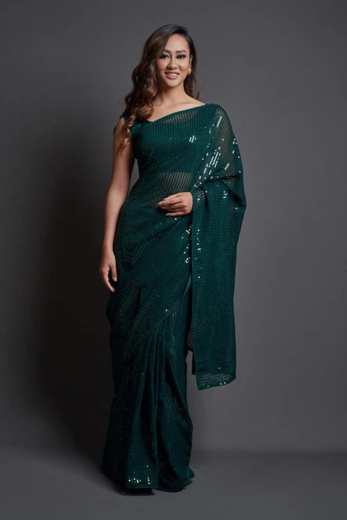Green Bollywood Designer Saree with Embroidery Work