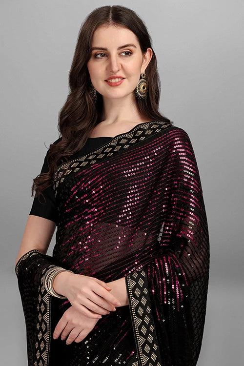 Heavy Sequence Work Georgette Saree - Pink