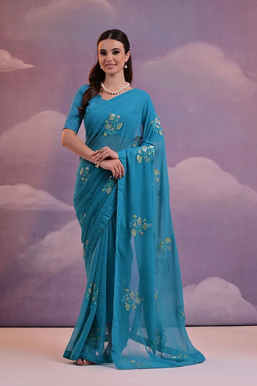 Light Blue Saree with Sequin Flower Embroidery Work