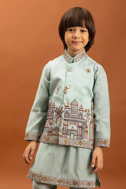 Wedding Sky Blue Koti Kurta Set for Kids 6-12 Yrs