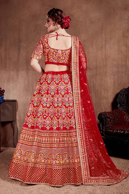 Breath taking Carmine Red Color Fancy Printed Lehenga