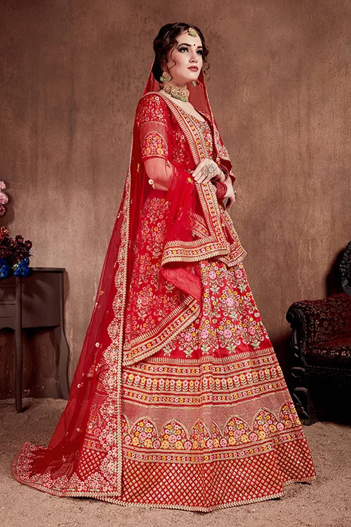 Breath taking Carmine Red Color Fancy Printed Lehenga