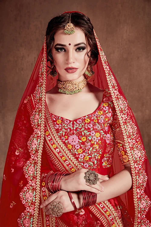 Breath taking Carmine Red Color Fancy Printed Lehenga