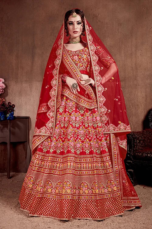 Breath taking Carmine Red Color Fancy Printed Lehenga