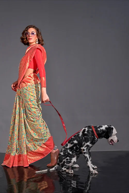 Beautiful Wedding Wear Red-Green Saree With Unstitched Blouse