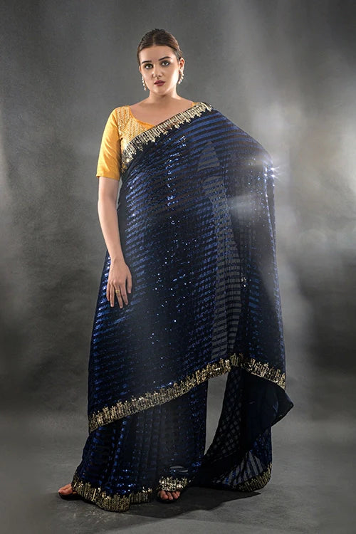 Beautiful Blue Georgette Saree with Embroidery Lace Border