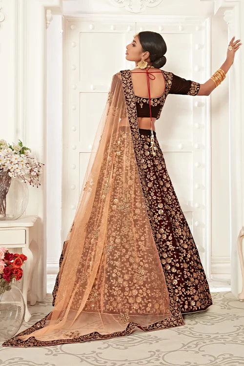 Beautiful Maroon Bridal Velvet Lehenga Choli Dupatta