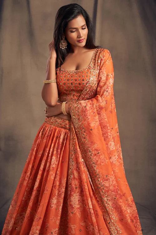 Beautiful Sequins Zari Embroidery Lehenga Choli Orange Colour