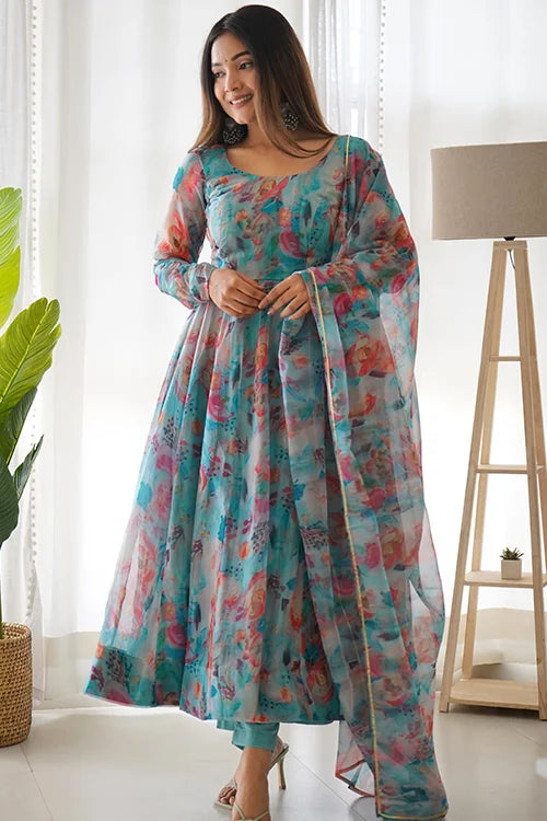 Bright Colour Anarkali Gown with Dupatta for Summer Wear
