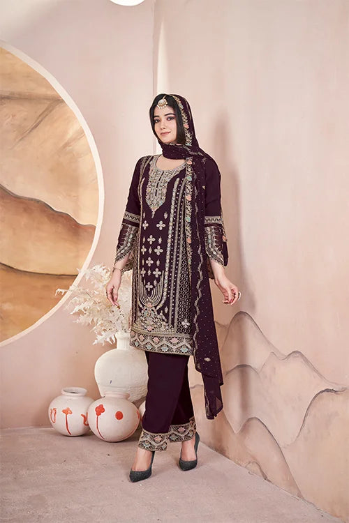 Brown Georgette Embroidered Pakistani Designs Suits