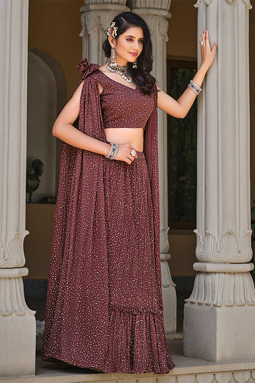 Brown Color Foil Printed Lehenga for Women
