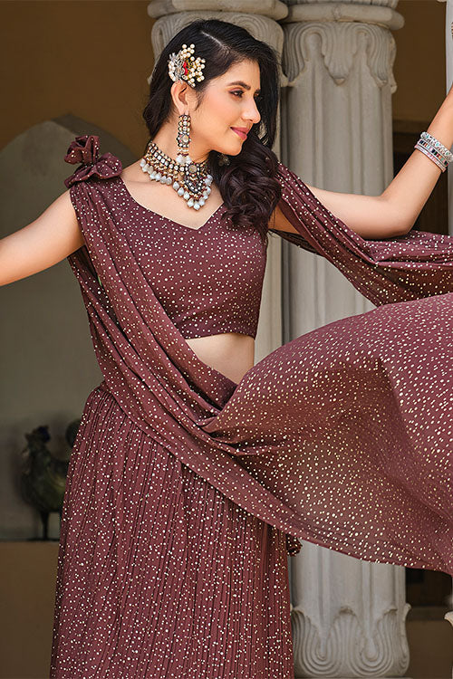 Brown Color Foil Printed Lehenga for Women