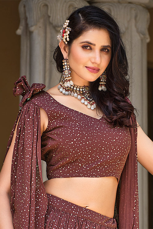 Brown Color Foil Printed Lehenga for Women